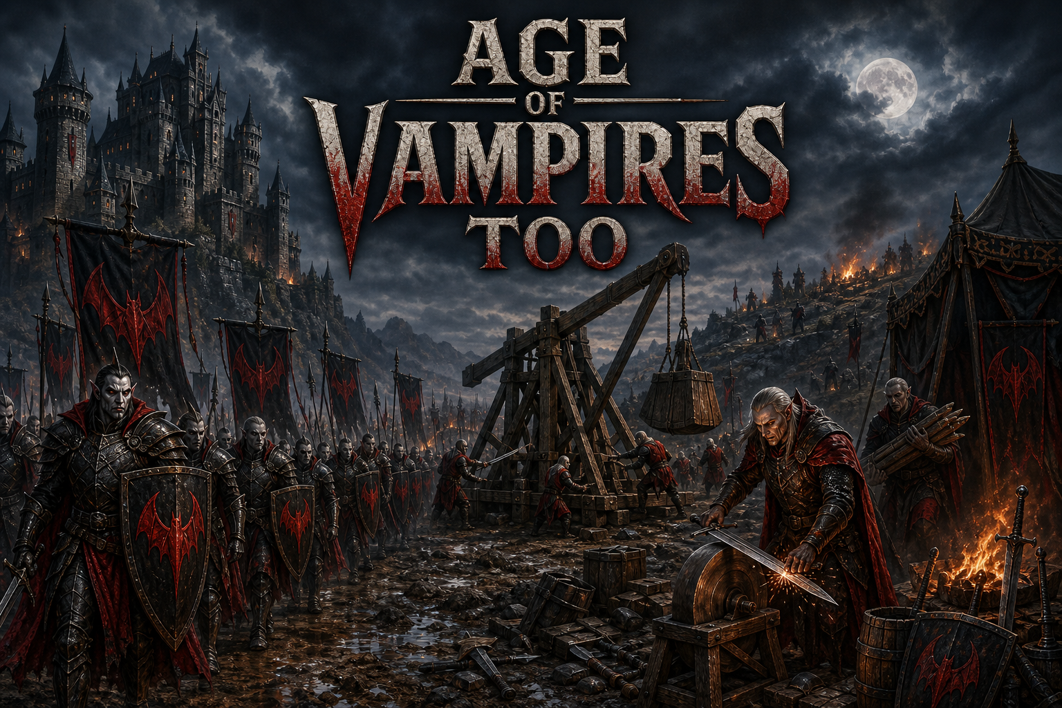 Age of Vampires Too cover art: vampire armies prepare siege engines beneath a moonlit gothic castle